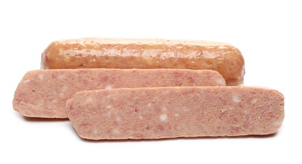 Raw sliced sausages, uncooked hot dogs cut in half isolated on white background