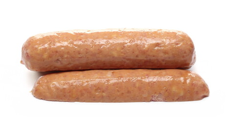 Raw sausages, uncooked hot dogs isolated on white background