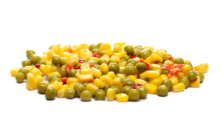 Mexican salad, vegetables mix with corn, peas and paprika isolated on white background