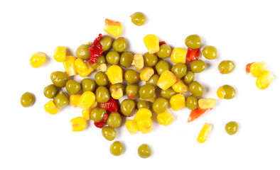 Mexican salad, vegetables mix with corn, peas and paprika isolated on white background, top view