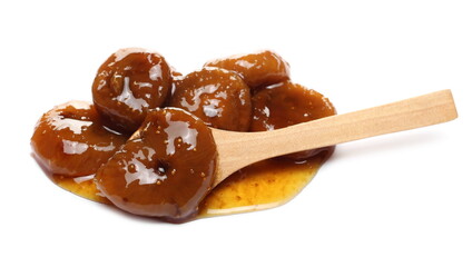 Fruit preserves made from figs, jam with wooden spoon isolated on white background