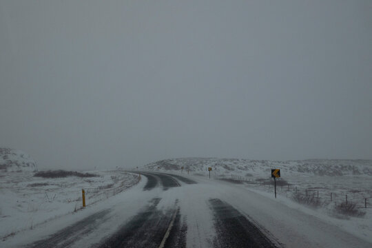 Snowy remote road, Arnastapi, Iceland

