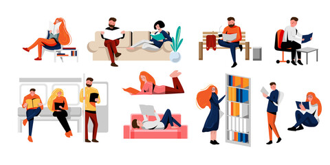 Fototapeta na wymiar Smart student studying or people book lover reading set. Modern literature fan or young reader reading book learning in transport, park, library, home vector illustration isolated on white background