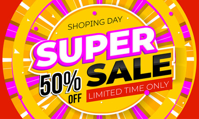 Promotion banner layout with super sale marketing best offer. Shopping day retail shop or store billboard advertisement with 50 percent price reduction and clearance vector illustration