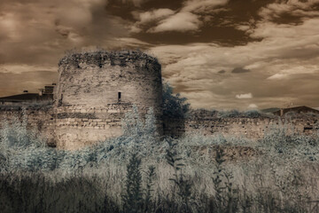 towers in the ancient city walls of Iznik (Nicea) Turkey in infrared