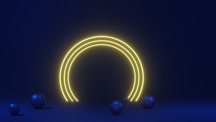 3D render of abstract background with neon glowing circles 