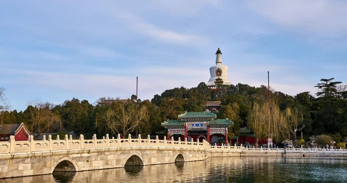 The landmark of Beihai Park in Beijing at mornning, Beijing landscape in autumn. Panning footage (Time-lapse)