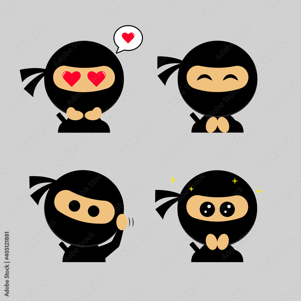 Wall mural four cute ninja face icons for sticker or mascot