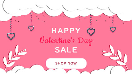 valentine's day sale banner with hearts, clouds and glitter