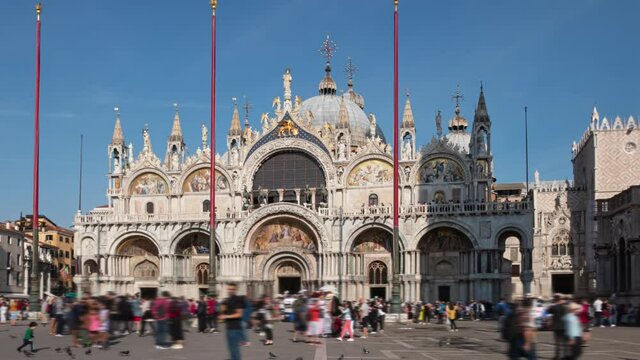POV time lapse walking along busy St Mark's Square in front of the Basilica of Saint Mark, Venice, Italy