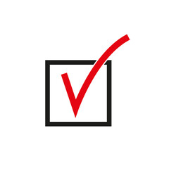 Checkmark icon. Red check mark in the black box. Simple linear vector illustration on a white background.