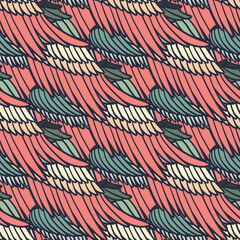 Vintage seamless psychedelic pattern with hand-drawn wings feathers. Vector doodle illustration.