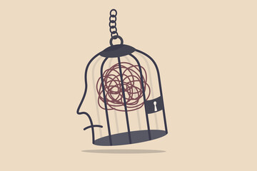 Mental health, stressed and anxiety from work, depression or obsession in human brain concept, mess line metaphor of stressed and trouble in bird cage with the line like human head.