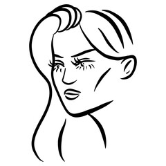Beautiful young woman face isolated on white background. Line Black and white female portrait. Vector illustration.
