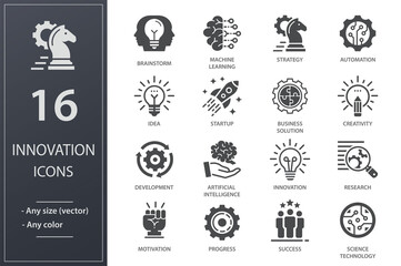 Innovation icon set. Collection of technology, success, startup, artificial intelligence and more. Vector illustration.