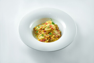 Italian ravioli with various fillings (meat, cheese) with vegetable salsa and parmesan in a white plate on a white plate