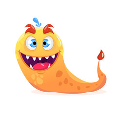 crawling, cute, friendly, fluffy, yellow monster alien waves and smiles. Cartoon style.