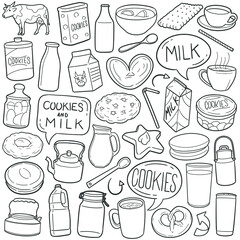 Cookies and Milk doodle icon set. Traditional Vector illustration collection. Food and Drink Hand drawn Line art style.