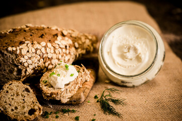 breakfast, a bread with cream cheese