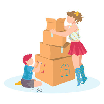 Brother and sister together play cardboard castle, creative character female male plaything cartoon vector illustration, isolated on white. Imagination idea child hold carton fortress.