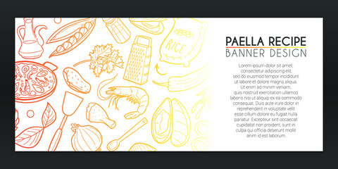 Paella Banner Doodles. Spanish Food Background Hand drawn. Recipe Cook illustration. Spain Dishes Vector Horizontal Design.