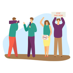 Stop fake news street protest, people hold banner false information, professional newsman, cameraman flat vector illustration, isolated on white. Urban city outcry misinformation, group of human.