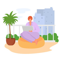 Woman sitting balcony surf internet with gadget tablet, online modern life, remote freelander work flat vector illustration, isolated on white. Comfortable workplace, female interactive entertainment.