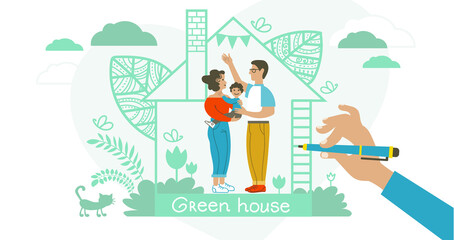 Abstract vector illustration. The family prefers to live in an environmentally friendly house made of quality building materials. Green home concept to save the environment and save the planet.