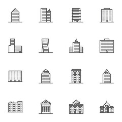 Fototapeta premium City buildings line icons set, outline vector symbol collection, linear style pictogram pack. Signs, logo illustration. Set includes icons as real estate, residential building, skyscraper office, home