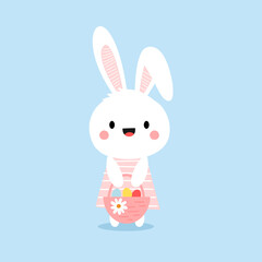 Easter rabbit with Easter basket icon cute cartoon on blue background vector.