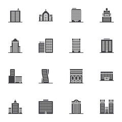Office buildings vector icons set, architectural building modern solid symbol collection, filled style pictogram pack. Signs, logo illustration. Set includes icons as skyscraper, business office