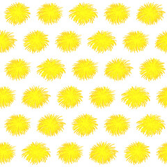 Seamless pattern of yellow flowers on white background. Endless bright backdrop with various dandelions. Hand-drawn blowballs, floral.