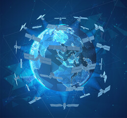 vector planet surrounded by communication satellites
