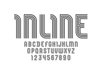 Trendy striped font, black alphabet from lines, capital Latin letters from A to Z and Arab numbers from 0 to 9, vector illustration 10EPS