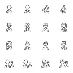 Fototapeta premium Male and female doctor line icons set, outline vector symbol collection, linear style pictogram pack. Signs, logo illustration. Set includes icons as hospital staff, medical nurse avatar, emergency