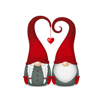 two scandinavian gnomes with red hats in heart shape, cute nordic tomte couple, stock vector illustration character clip art isolated on white background for Valentines day card, banner, poster design