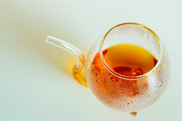 Unusual shaped glass goblet with black tea.