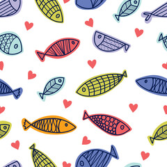 Cute fish and hearts.  Kids  background. Seamless pattern. Can be used in textile industry, paper, background, scrapbooking.