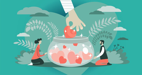Abstract vector illustration. The symbolic hand extending a heart into a donation jar. The concept of social support, charity, volunteering and protection.