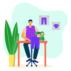 Professional male character tailor sew pants, man sitting table with sewing machine flat vector illustration, isolated on white. Concept clothier comfortable workplace, handmade tailoring garment.