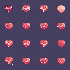 Red hearts emoji collection, heart emoticon flat icons set, Colorful symbols pack contains - valentine day chat emoji, happy smiley face, kissing, crying, sad. Vector illustration. Flat style design