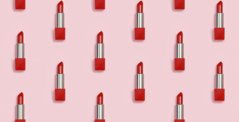 Obraz premium Seamless geometric pattern of red lipstick on a pink background.