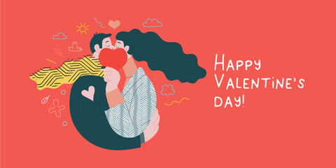 Couple in love - Valentines day graphics. Modern flat vector concept illustration - a young hetoresexual couple kissing and embracing. Hearts and flowers. Cute characters in love concept