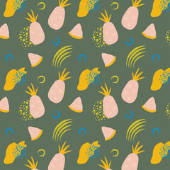 Pineapple seamless pattern in hand-drawn style. Bring vector illustration. Vector repeat background for colorful summer fabric.
