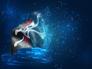 Fototapeta premium skull with pirate bones vector 3d flag on blue background with hud interfaces