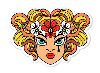 Vector illustration. Fashionable tattoo, sticker, t-shirt print. Cute face of a girl with curly hair and flowers on her head in vintage style.