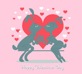 Vector illustration with an inscription. Valentine Day design. Funny silhouettes of two kissing rabbits surrounded by hearts.