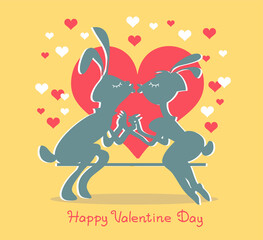 Vector illustration with an inscription. Valentine Day design. Funny silhouettes of two kissing rabbits surrounded by hearts.