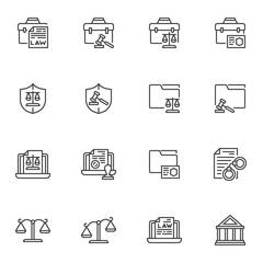 Justice and law line icons set, outline vector symbol collection, linear style pictogram pack. Signs, logo illustration. Set includes icons as legal documents, scales, judge gavel, courthouse, arrest