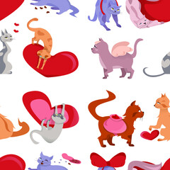Bright cartoon background with cats and hearts on a white background. Background for banner, postcards for Valentine's Day. Vector illustration